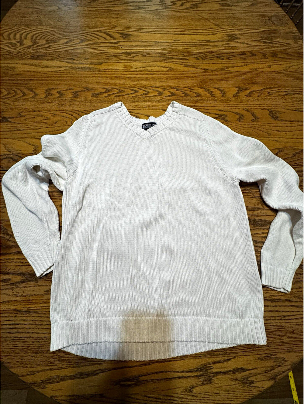 Vintage 90s Lands’ End Women’s L 14-16 White Cotton V-Neck Knit Sweater